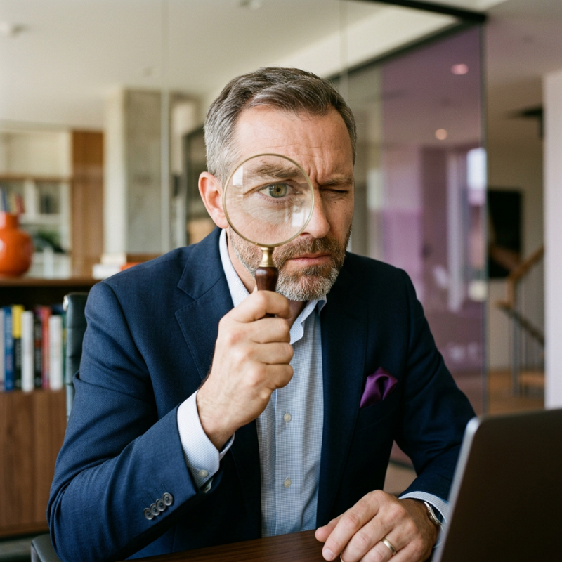 Analyse et clarté de votre communication digitale Entrepreneur examinant un écran d’ordinateur avec une loupe