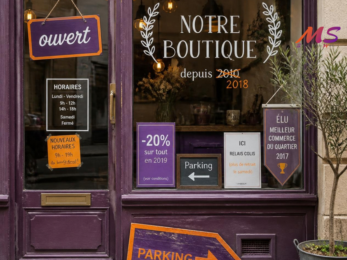 Vitrine d’une entreprise avec des informations contradictoires ou obsolètes