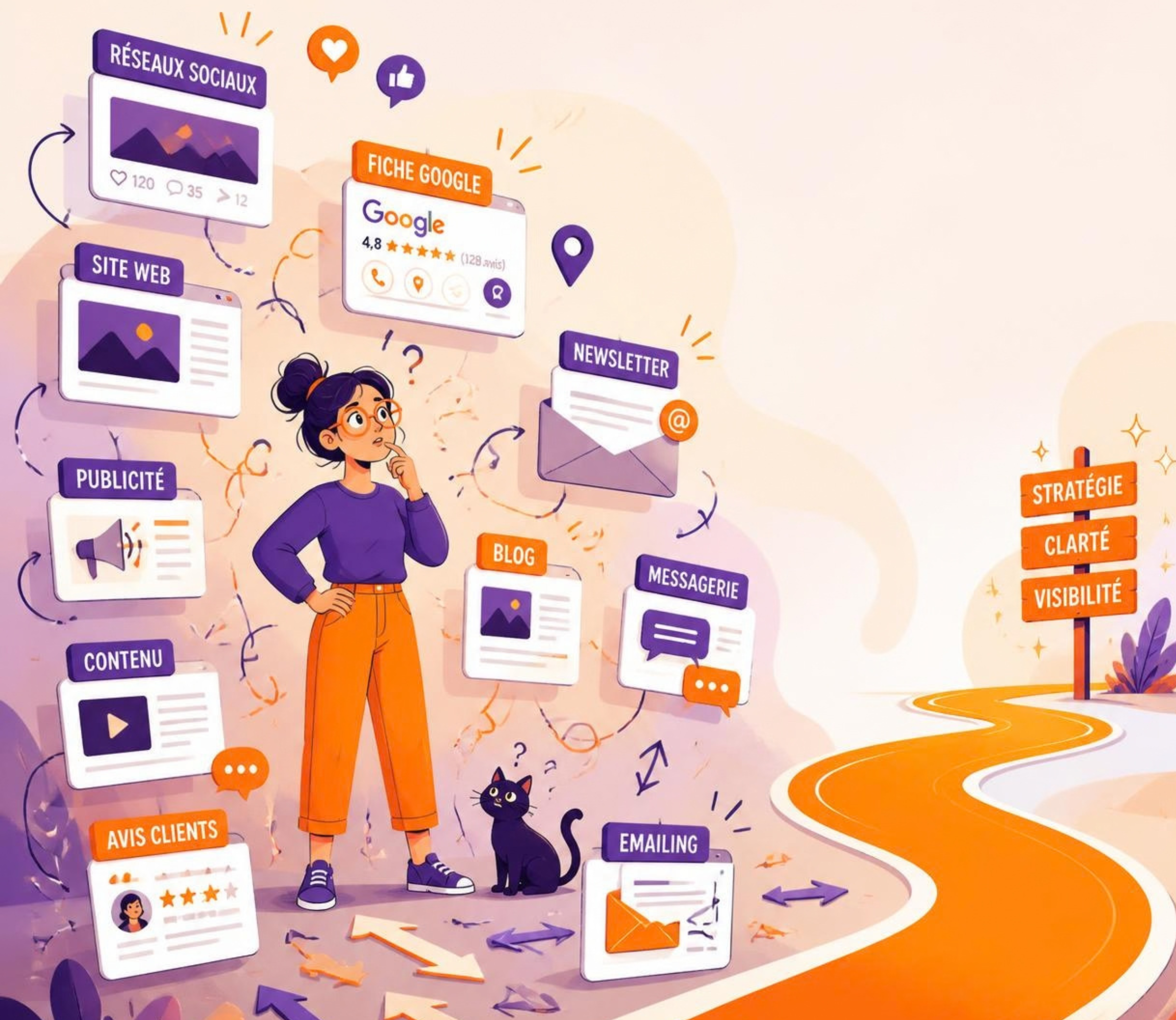 Clarifier sa communication et sa visibilité Illustration d’une femme qui cherche son chemin parmi différents canaux de communication