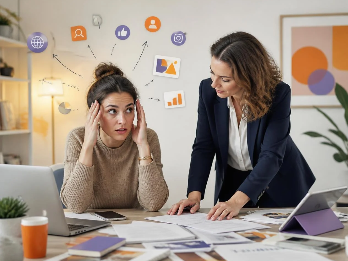 Entrepreneuse accompagnée par un consultant en communication pour structurer sa communication