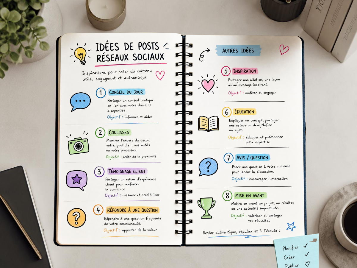 Cahier ouvert avec 8 idées de posts pour les réseaux sociaux