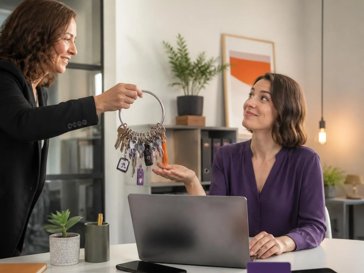 Reprise d’entreprise et accès numériques Entrepreneuse récupérant les accès numériques d’une entreprise lors d’une reprise