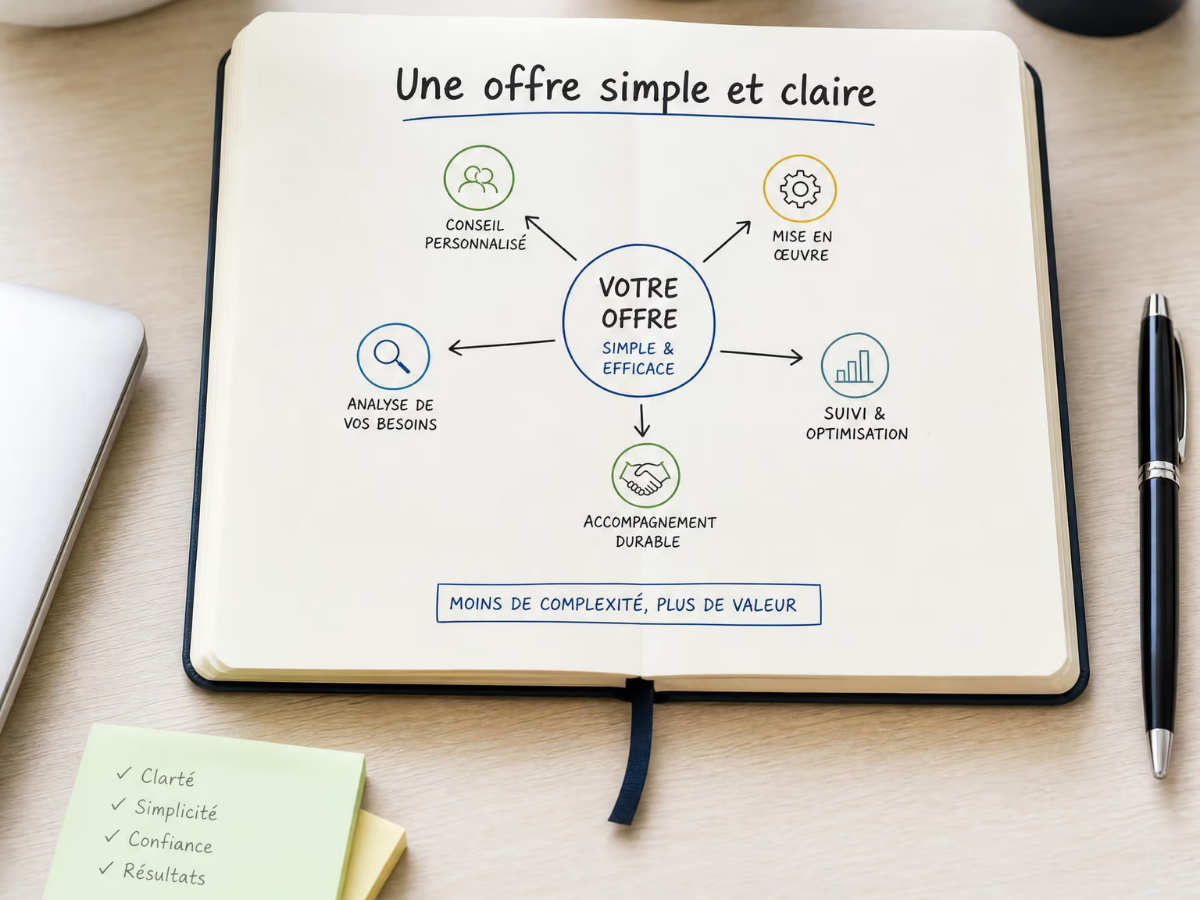 Cahier avec l'inscription « Clarifier son offre »